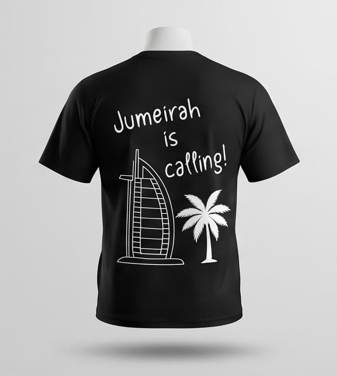 Black tee back print — the Burj Al Arab and a palm, with the words Jumeirah is calling