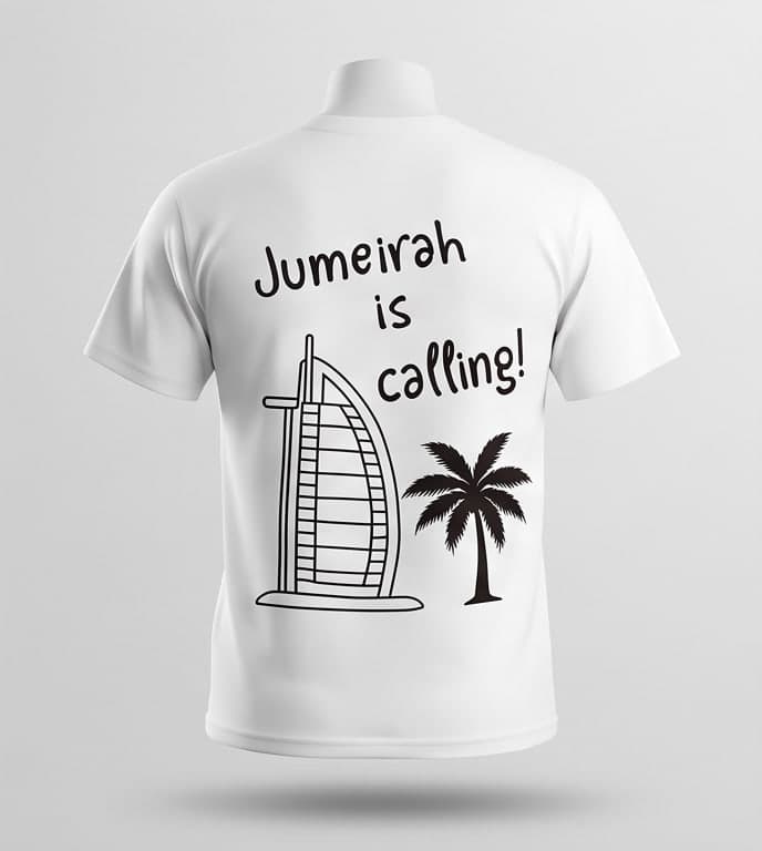 Bone tee back print — the Burj Al Arab and a palm, with the words Jumeirah is calling