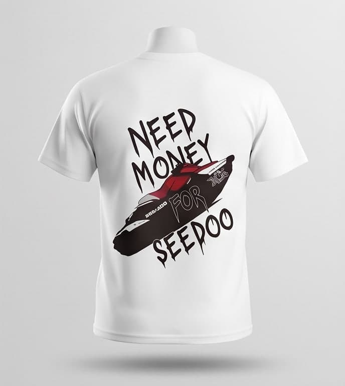 Bone tee back print — a Sea-Doo ski under dripping text reading Need Money For Seedoo
